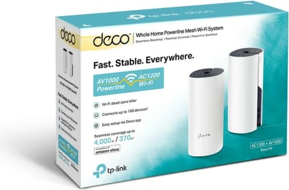 Router mesh Wi‑Fi + Powerline, TP-Link Deco P9, AC1200 + AV1000, set 2-pack, e bardhë