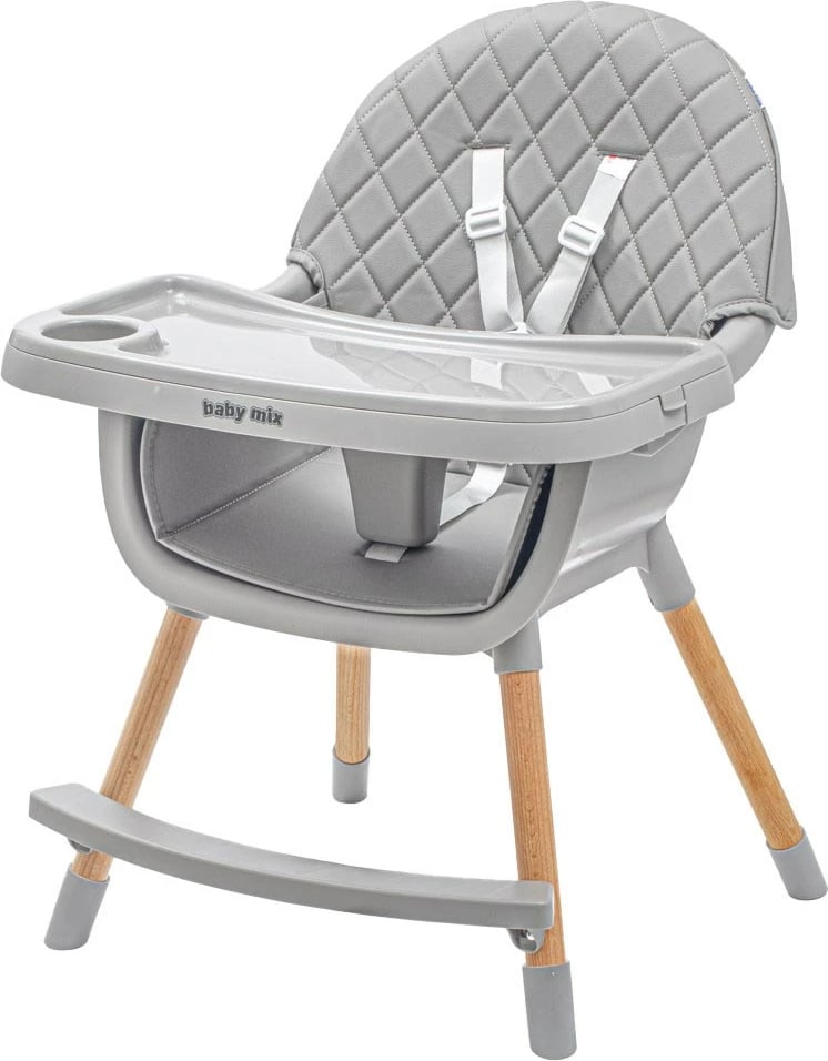 Karrige e lartë ushqimi për bebe Baby Mix Freja, tabaka e dyfishtë e rregullueshme, rrip 5‑pikësh, e kthyeshme në karrige të ulët, këmbë druri, gri e errët