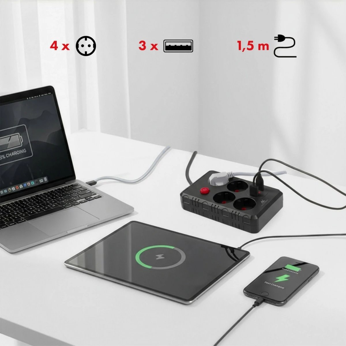 Prizë zgjatuese Maclean MCE392 B, 4x Schuko + 3x USB, 2500W, kabllo 1.5 m, e zezë