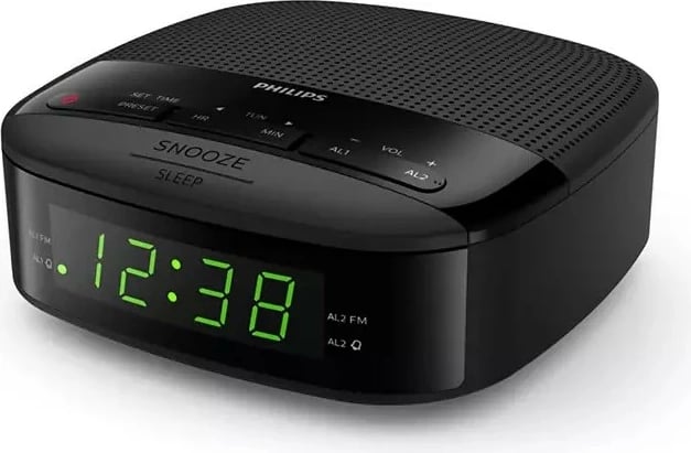 Orë alarmi me radio, Philips TAR3205/12, FM digjital, 10 stacione, buton snooze 9 min, ekran i madh LED, e zezë