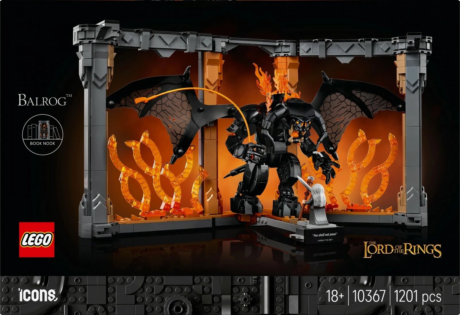 Set LEGO Icons Lord of the Rings Book nook me Balrog, 1201 pjesë, për të rritur, shumëngjyrësh