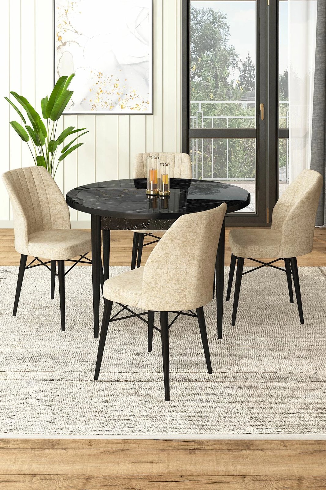 Tavolinë me karrige, 5 copë, Skye Decor Rox, mermer i zi, krem