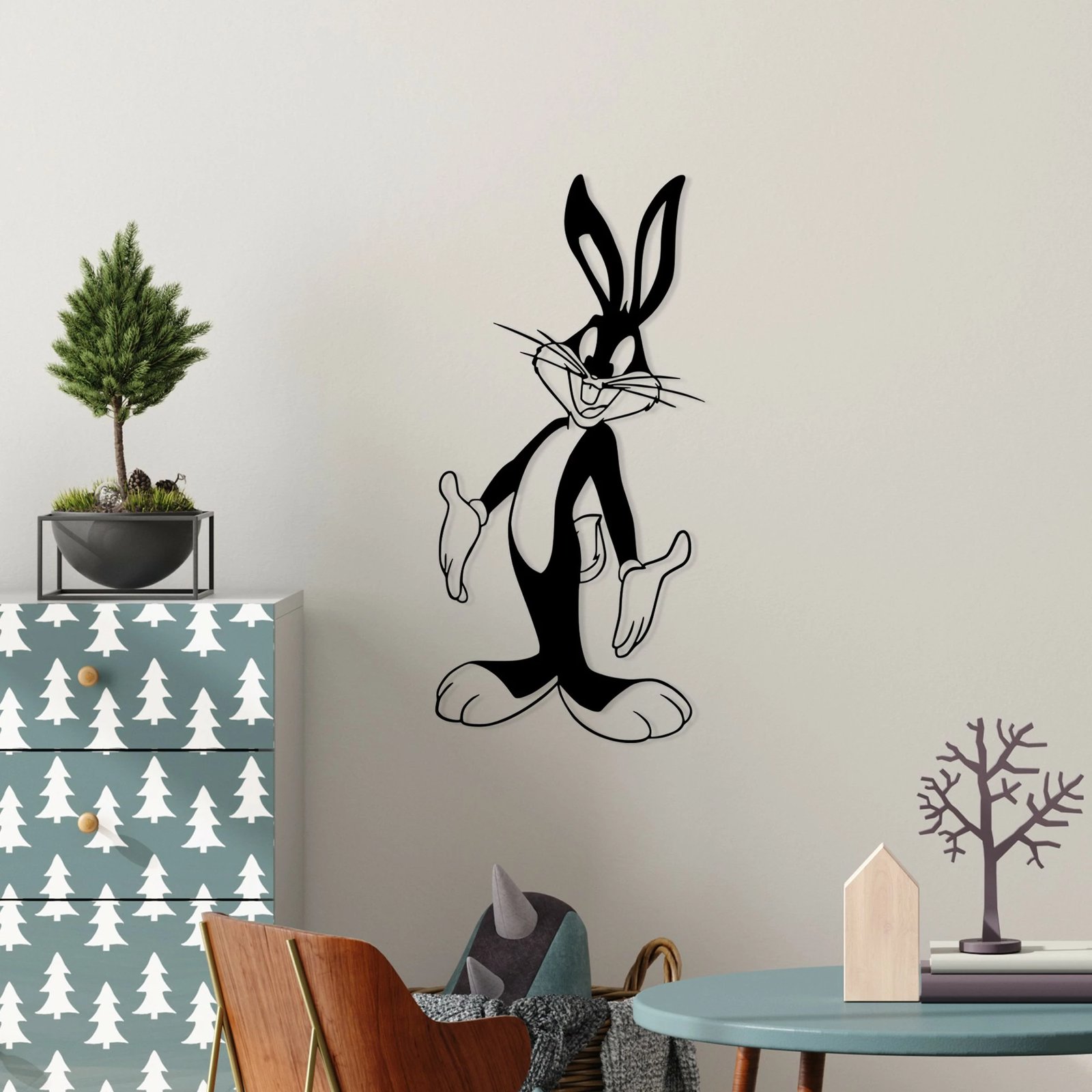 Aksesor dekorativ metalik për mur, Bugs Bunny, ngjyrë e zezë, 33x70cm