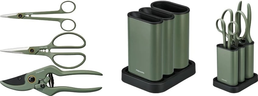 Set mirëmbajtjeje për bimë, Fiskars 1075317, 3 copë, sekator 18 mm, gërshërë për gjethe dhe gërshërë precize, me mbajtëse, jeshile