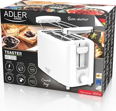 Toster Adler AD 3223, 2 feta, 650–900W, 6 nivele pjekjeje, sirtar thërrimesh, rack për kifle, e bardhë Toster Adler AD 3223, 2 feta, 650–900W, 6 nivele pjekjeje, sirtar thërrimesh, rack për kifle, e bardhë