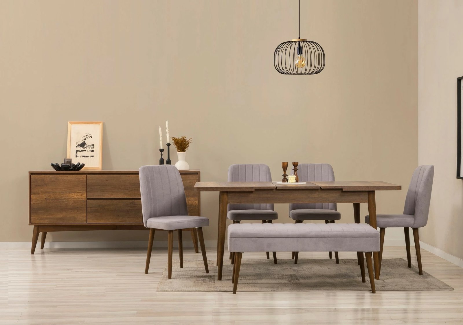 Set tavolinë me karrige dhe konsol, zgjatues, 7 pjesë, Skye Decor, Vina 03 0701, ngjyrë arre, gri