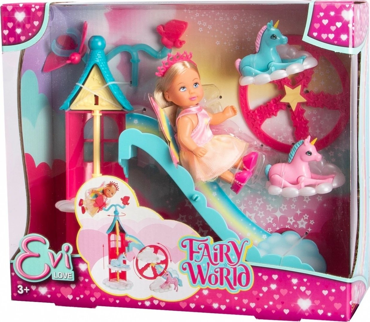 Set lodrash Evi Love Fairy World me kukull, 2 njëbrirëshë dhe kullë loje, 12 cm, për vajza