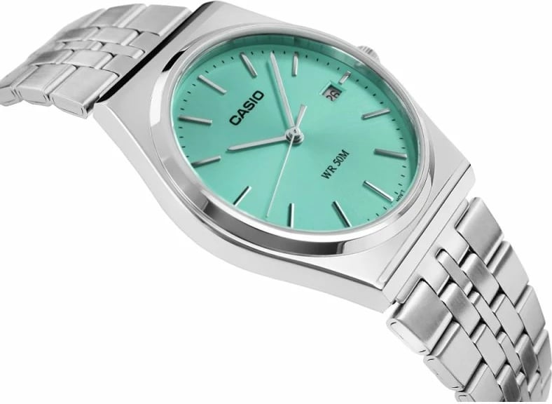 Orë dore për meshkuj CASIO, e argjendtë me fushë të gjelbër