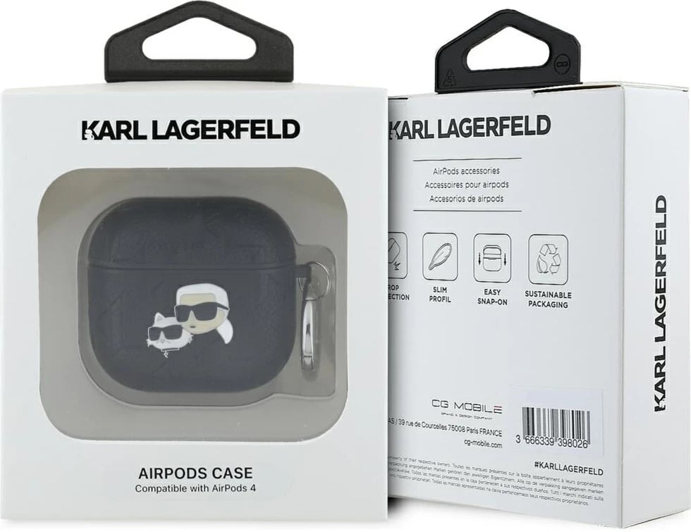 Mbështjellës Karl Lagerfeld Monogram Karl & Choupette Head për AirPods 4, e zezë