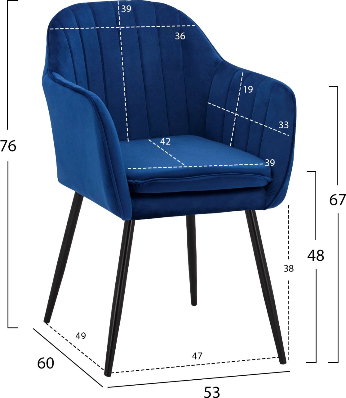 Karrige me krahë Sawyer, kadife blu, këmbë të zeza, FH8523.18, 53x60x76 cm, set prej 2 copë