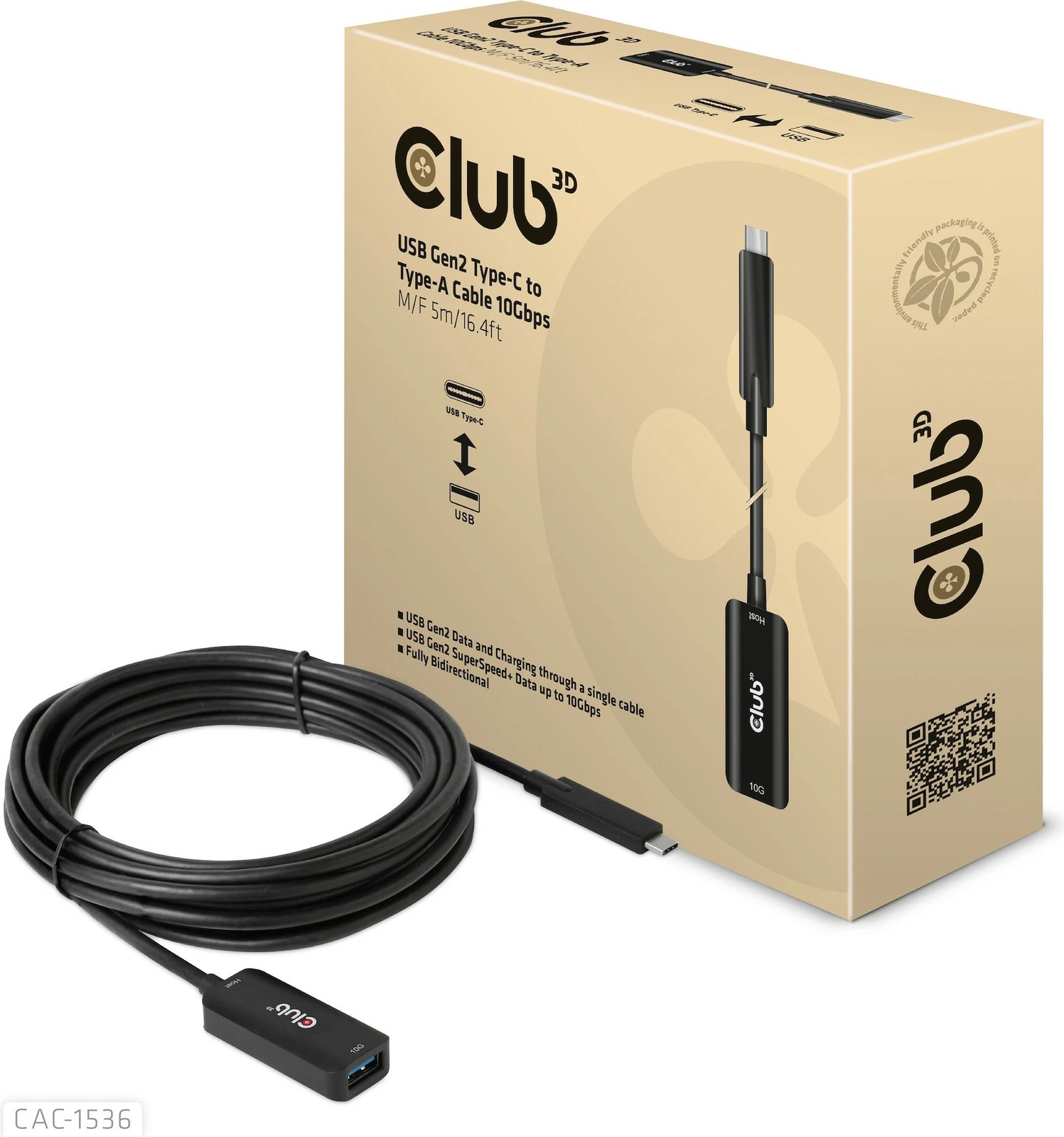 Kabllo USB Club3D USB 3.2 Type-C në Type-A 5m e zezë
