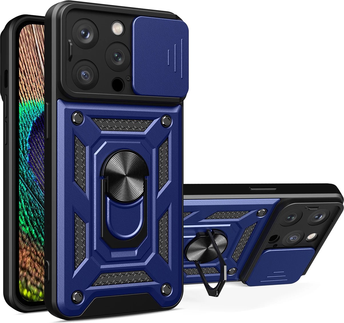 Mbështjellës Hurtel Hybrid Armor Camshield për iPhone 14 Pro Max, me kapak kamere, me unazë, Blu