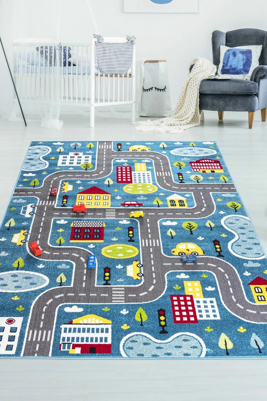 Qilim për fëmijë, dizajn trafik, ngjyrë e kaltër, 160x230cm