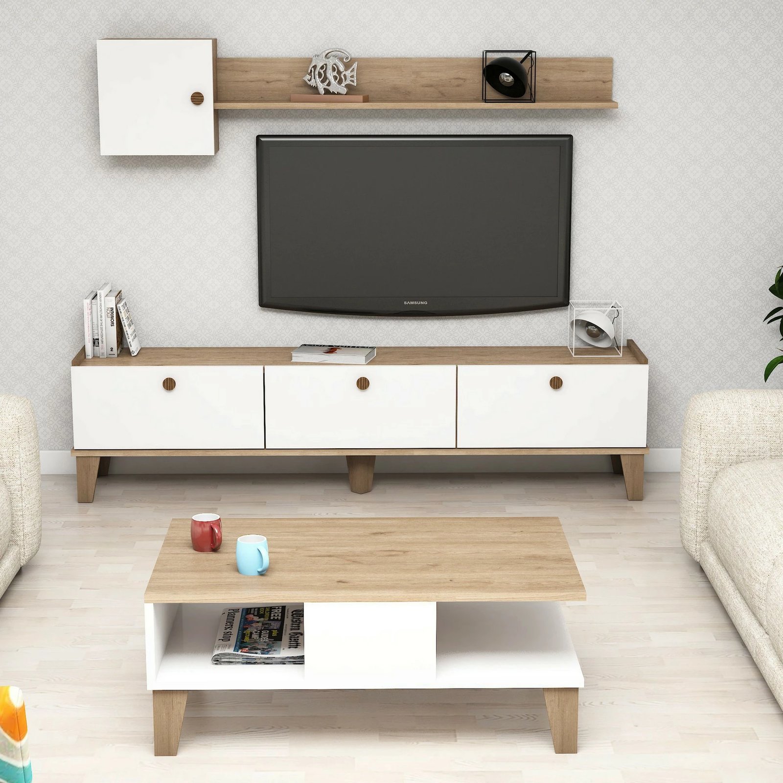 Set mobiljesh për dhomë dite, ngjyrë lis dhe e bardhë, Sumer 1, Hanah Home Set mobiljesh për dhomë dite, ngjyrë lis dhe e bardhë, Sumer 1, Hanah Home