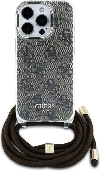 Mbështjellës Guess Crossbody Cord 4G Print për iPhone 16 Pro, Kafe