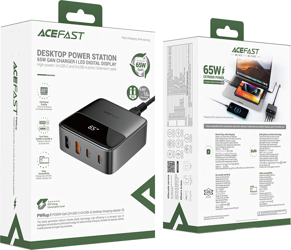 Karikues desktop Acefast Z6, 65W, 2x USB-A, 2x USB-C, me ekran, i zi