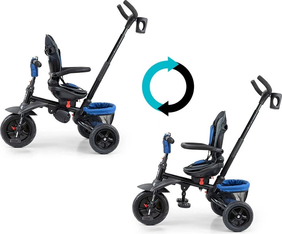 Tricikël me shufër drejtuese, Milly Mally Stanley 6-in-1, sedilje rrotulluese 360°, rrota gome, dorezë shtytëse e rregullueshme, canopy palosës, shportë – blu-zi