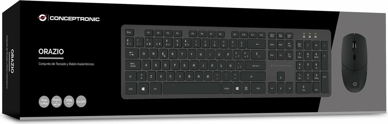 Set tastierë wireless Conceptronic me maus, QWERTY spanjoll, 105 taste, 1600 DPI, e zezë