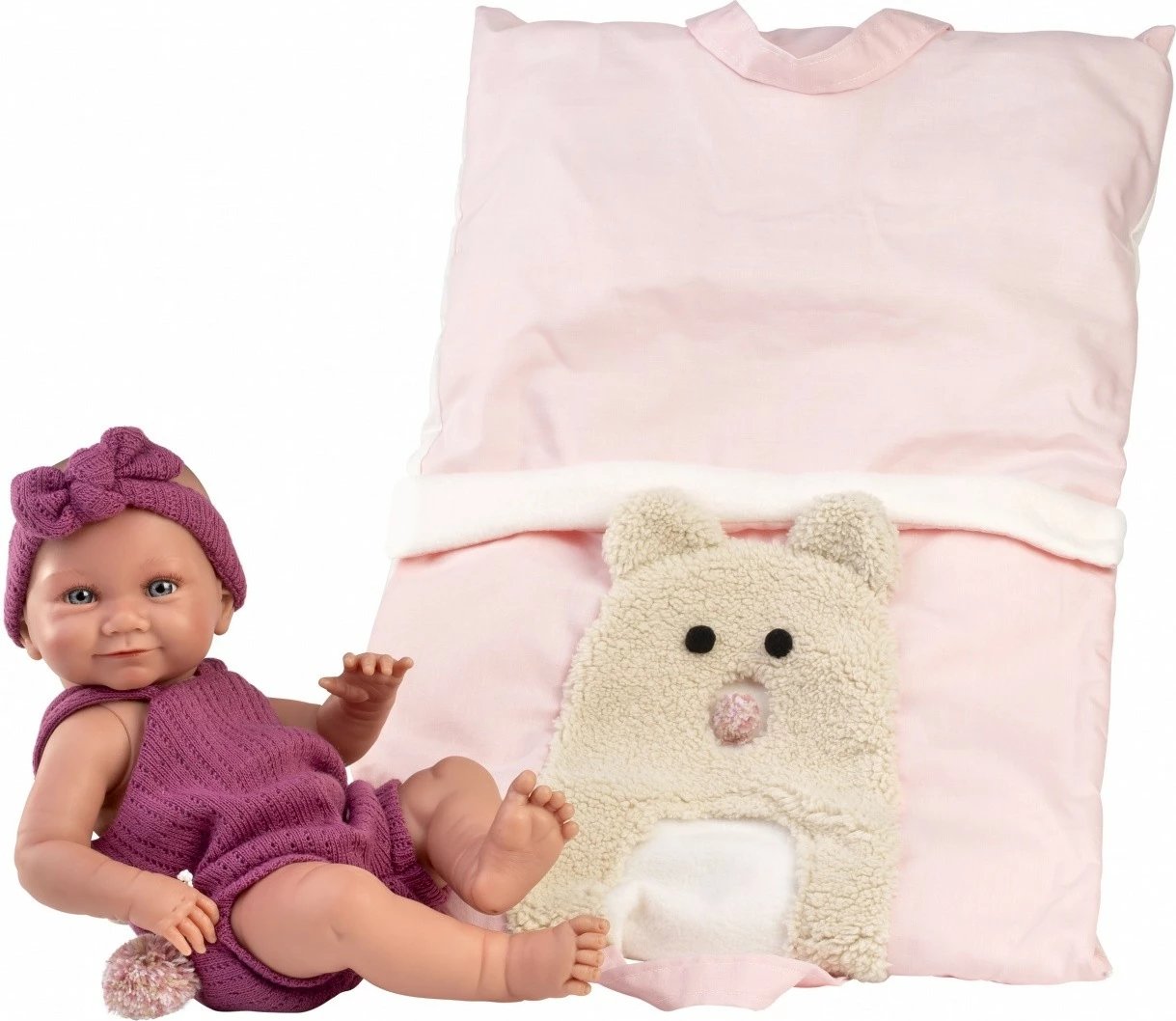 Kukull bebë vinili, Llorens Nica 73812, 40 cm, me veshje 3 pjesë dhe bartëse/thes gjumi, rozë