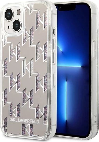Mbështjellës Karl Lagerfeld KLHCP14SLMNMS për iPhone 14, hardcase, Liquid Glitter Monogram, argjendtë