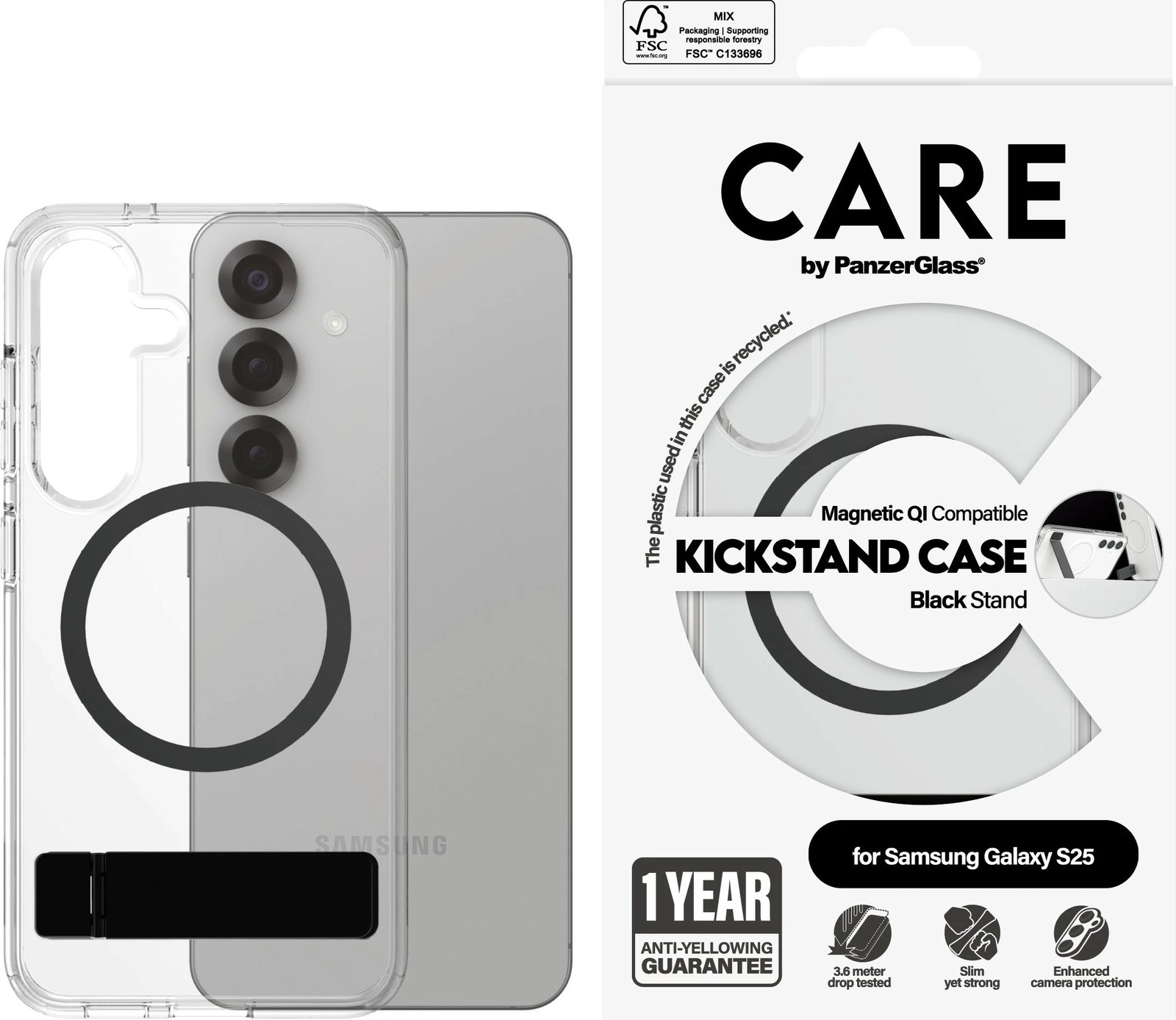 Mbështjellës PanzerGlass CARE me kickstand, për Samsung Galaxy S25, transparent