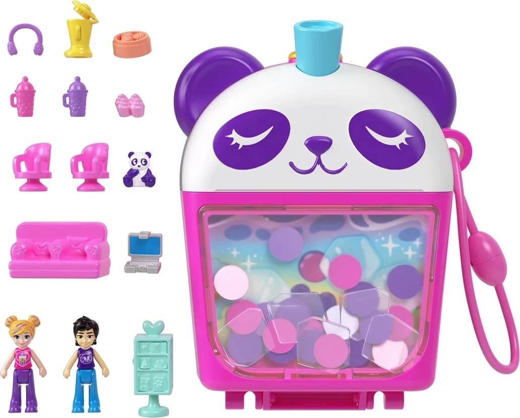 Set lodrash Polly Pocket Bubble Tea Panda Compact me 2 kukulla të vogla dhe panda, shumëngjyrësh