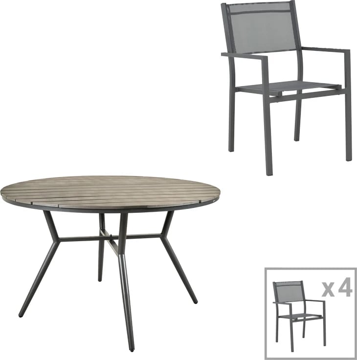 Tavolinë me karrige për terasë Appa-Moly, alumin dhe dru kompensat, ngjyrë antracit, set prej 5 pjesësh, Φ120x74cm