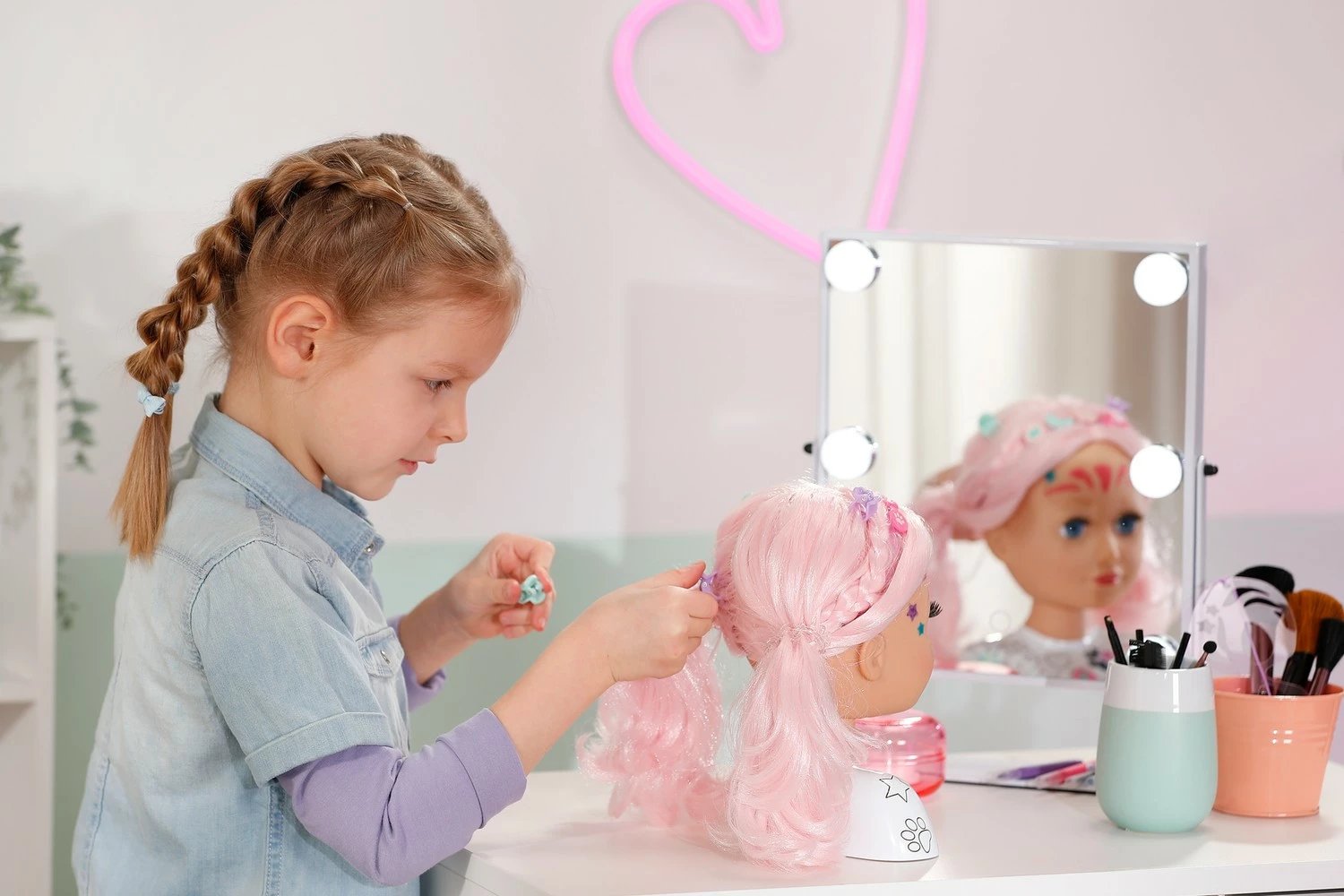 Kokë stilimi kukulle, Baby Born Little Sister 836033-116724, 22 cm, me set aksesorësh, flokë rozë