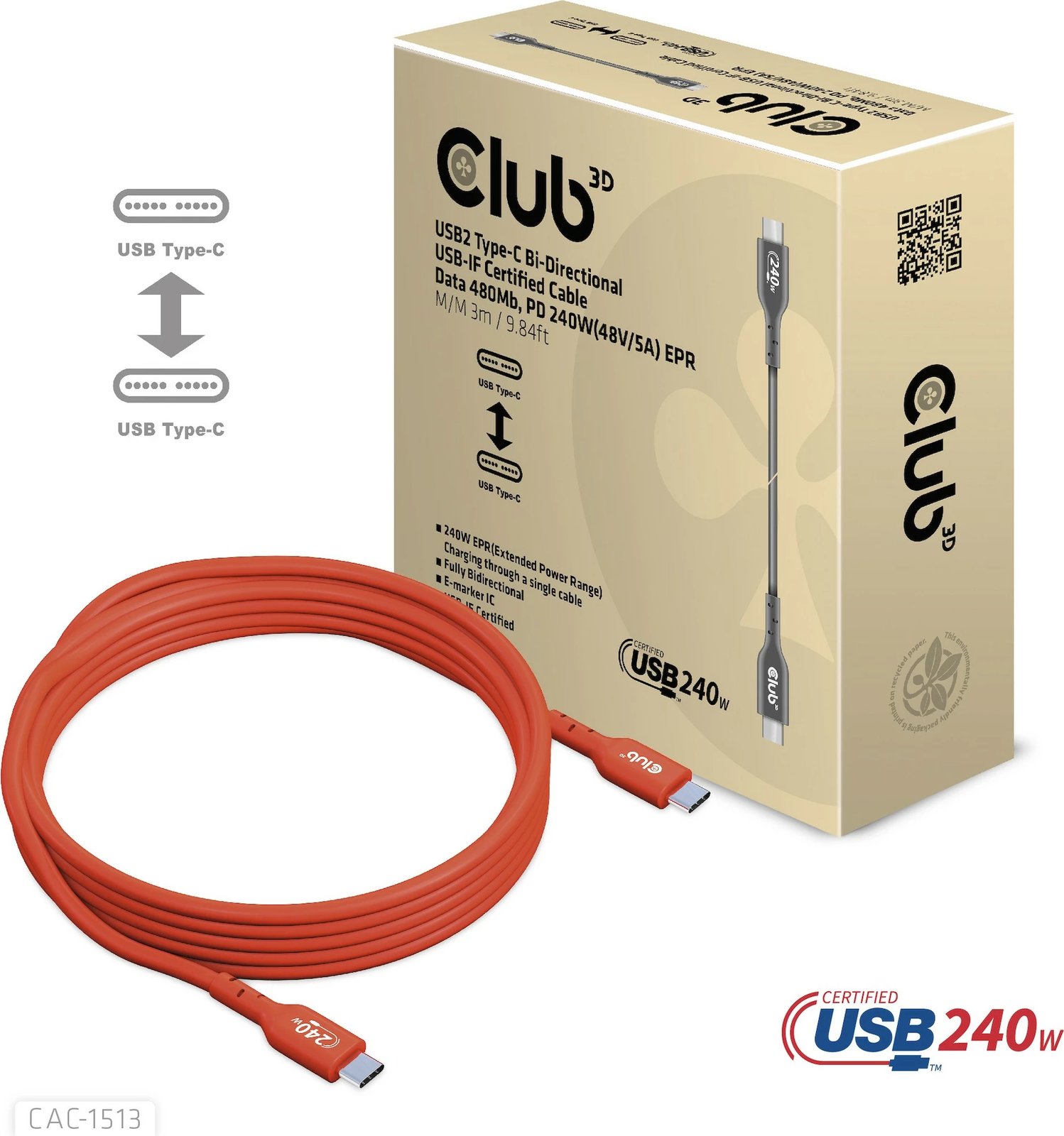 Kabllo USB-C Club3D CAC-1513, 3m, 240W, 480Mb/s, kuqe Kabllo USB-C Club3D CAC-1513, 3m, 240W, 480Mb/s, kuqe
