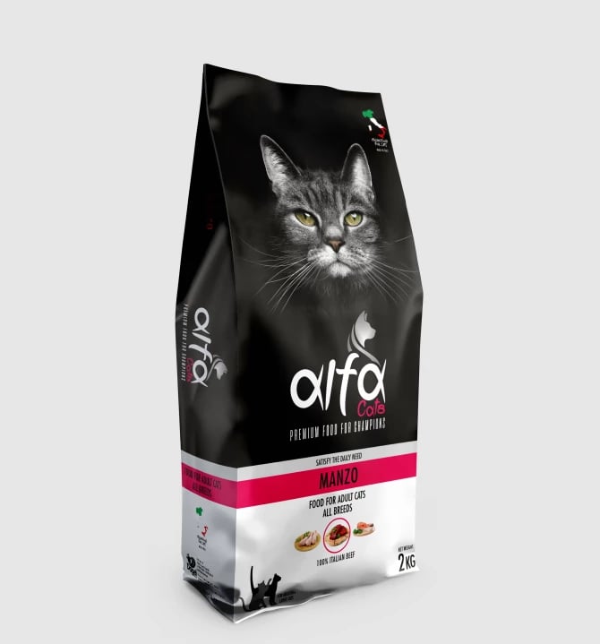 Ushqim me mish viçi per mace te rritura, Alfa Cat, 2 kg