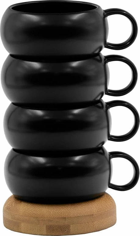 Set 4 filxhanë Curve, porcelan i zi, bambu natyral, 12x10x19cm