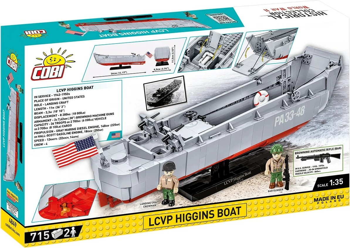 Set lodrash ndërtimi Cobi Klocki LCVP Higgins Boat, 715 pjesë, me 2 figurina, Gri