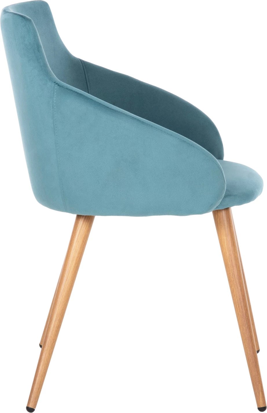 Karrige ngrënieje IVY, kadife turkeze dhe këmbë metali ngjyrë druri natyral, 53x55x79H cm., set prej 2 copë