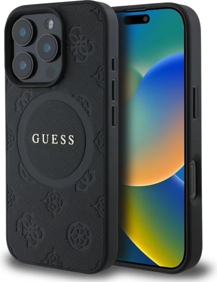 Mbështjellës Guess Saffiano Peony Classic Logo MagSafe për iPhone 16 Pro, e zezë