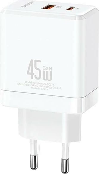 Karikues muri USAMS US-CC178 T58, 45W, 2 porta (USB-C + USB-A), i bardhë