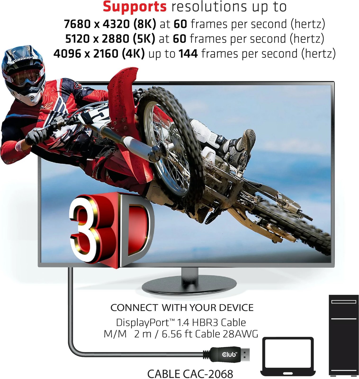 Kabllo DisplayPort Club3D 1.4 HBR3 2m 8K60Hz, e zezë