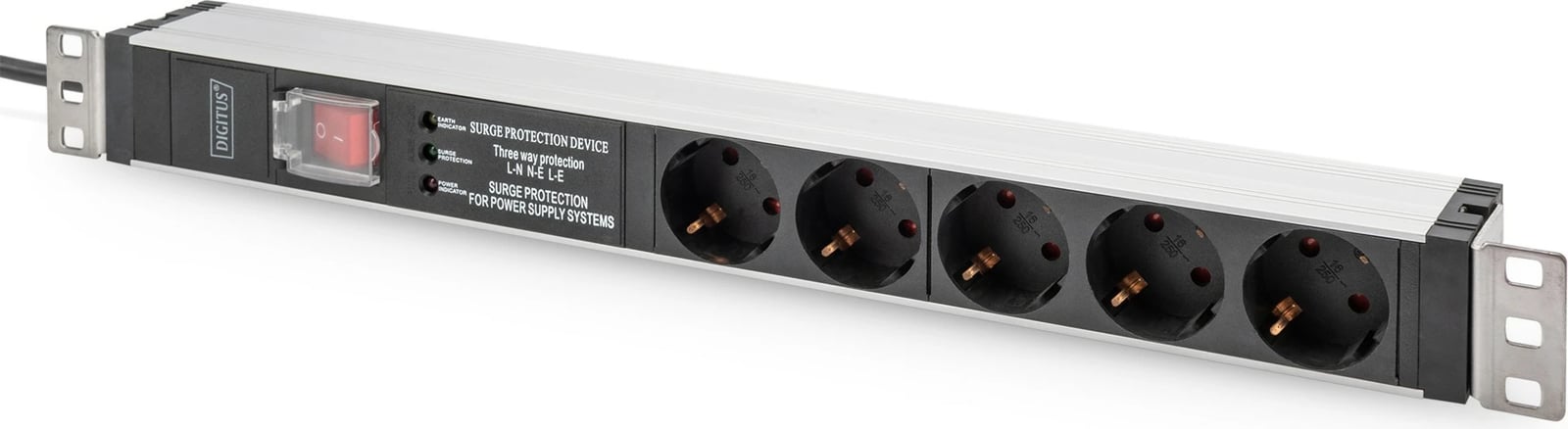 Prizë rack Digitus PDU 1U, 5 dalje, 16A, 230V, mbrojtje nga mbingarkesa, alumini
