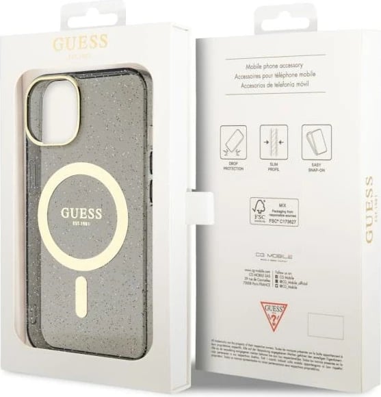 Mbështjellës Guess Glitter Gold MagSafe për iPhone 14, i zi