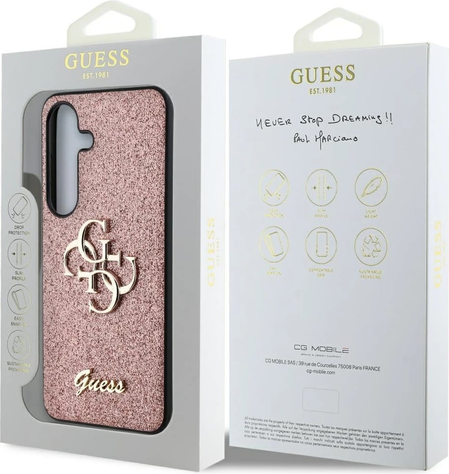 Mbështjellës Guess Fixed Glitter Big 4G Metal Logo për Samsung Galaxy S25, Rozë