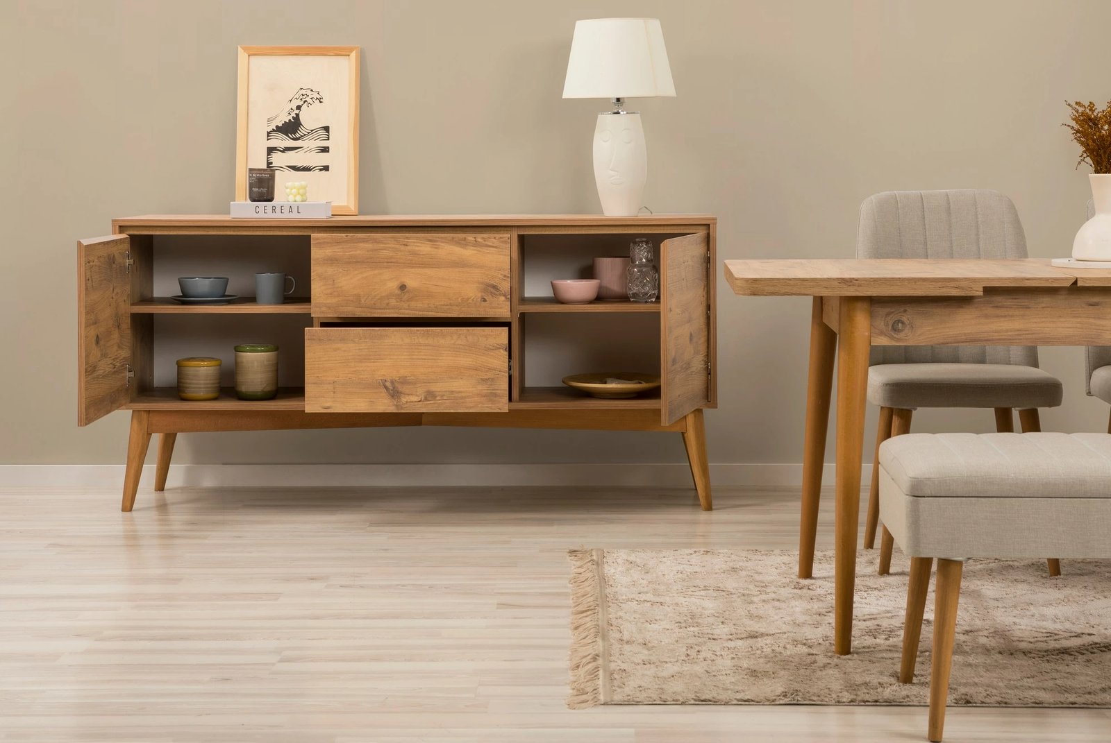 Set tavoline e zgjatshme me karrige dhe konsol (7 pjesë), Skye Decor, Vina 03 1005, ngjyrë pishë atlantike, krem