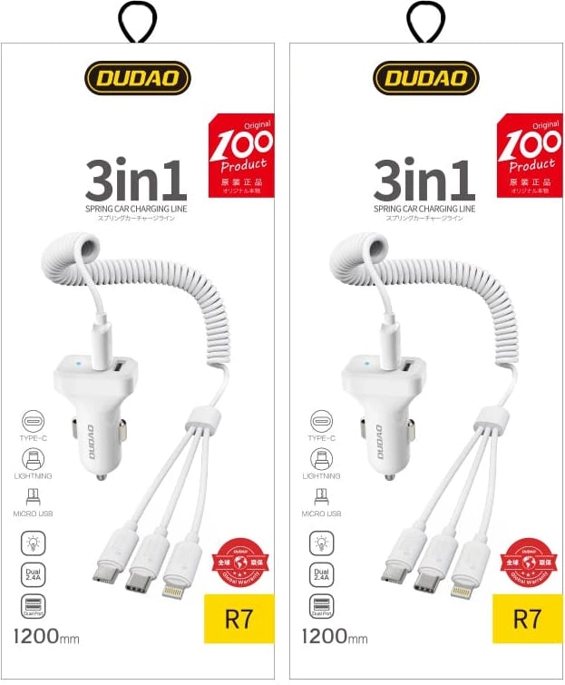 Karikues veture Dudao R7 me 2x USB, kabllo 3-në-1, 2.4A, Bardhë