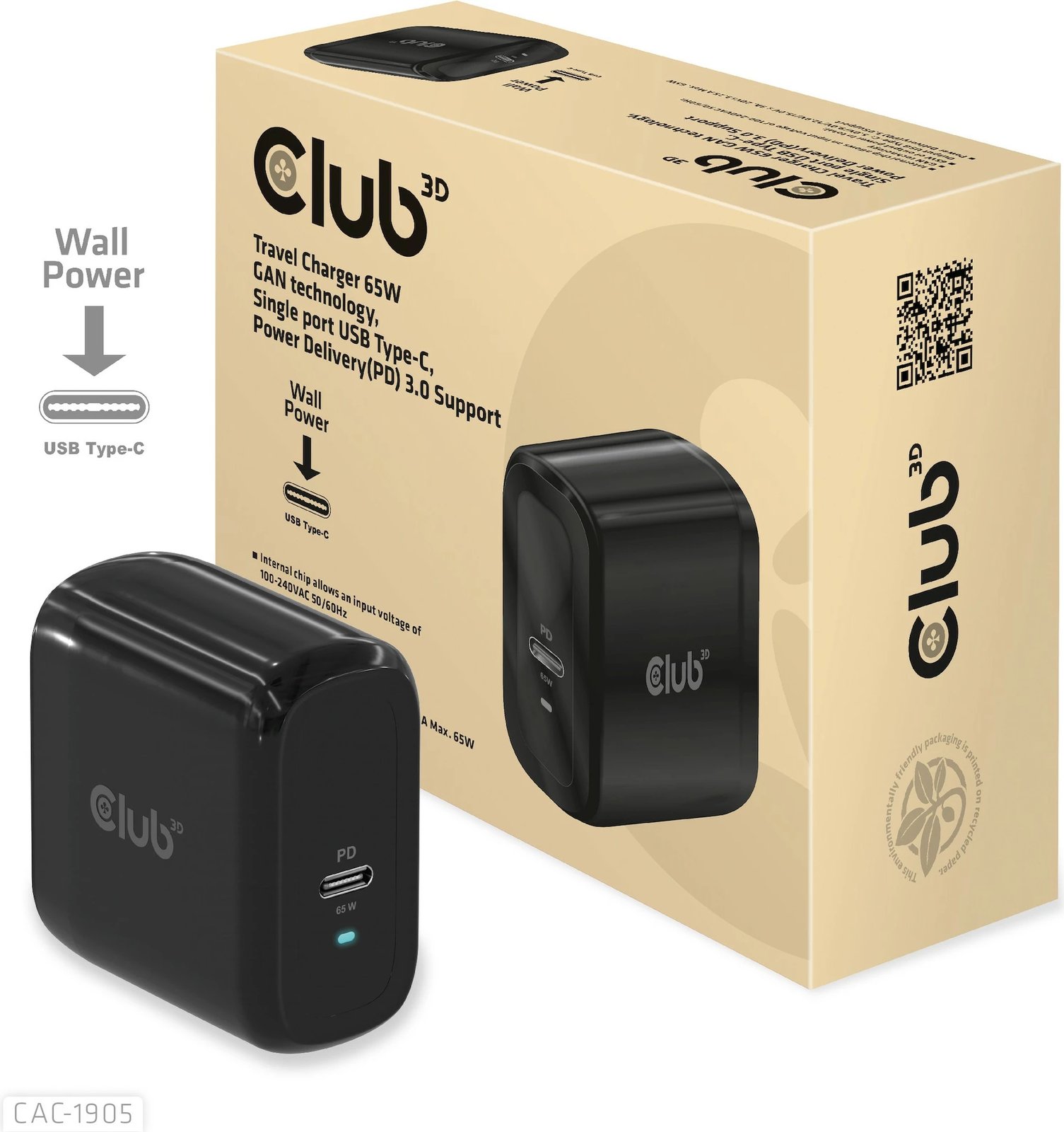Karikues Club3D 1xUSB Type-C PD 65W GaN, i zi