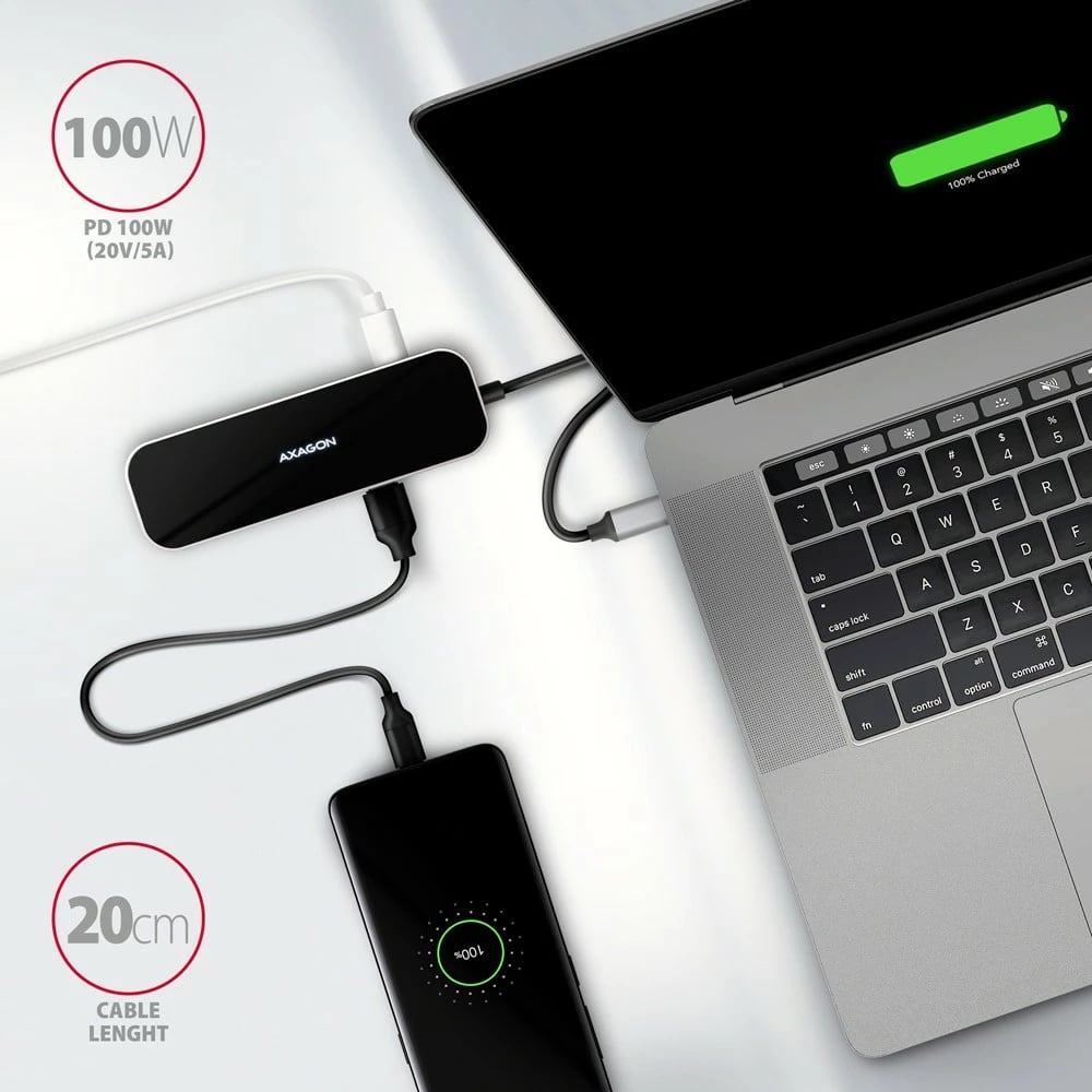 Hub multiport AXAGON HMC-6H4A, 4x USB-A, HDMI, USB-C 3.2 Gen 1, PD 100W, 20cm, zi