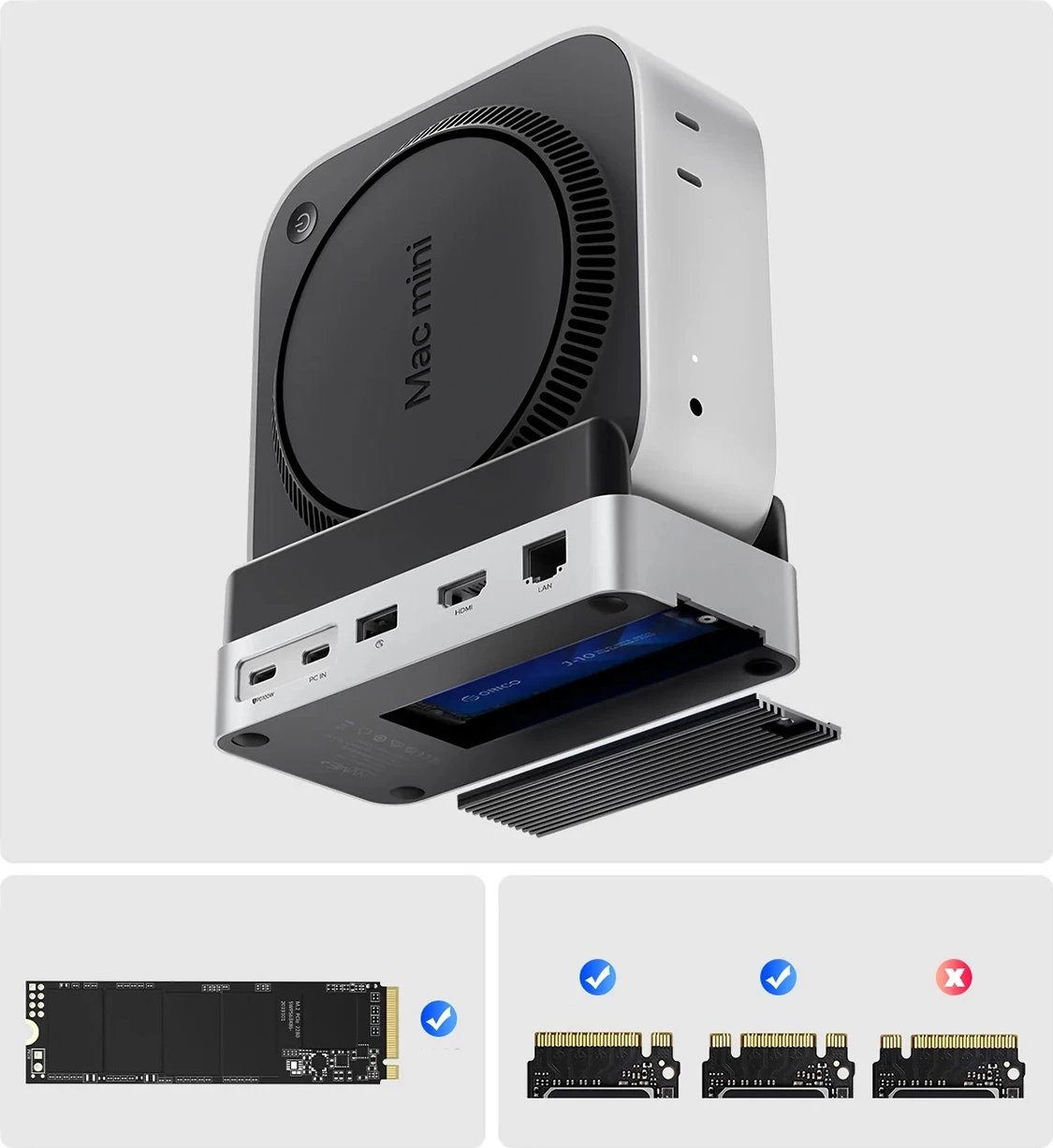 Stacion dokimi 10-në-1, Orico MiniDock, me slot M.2 deri 8 TB, HDMI 4K@60Hz, USB-C PD 100W, për Mac mini 2024, argjend
