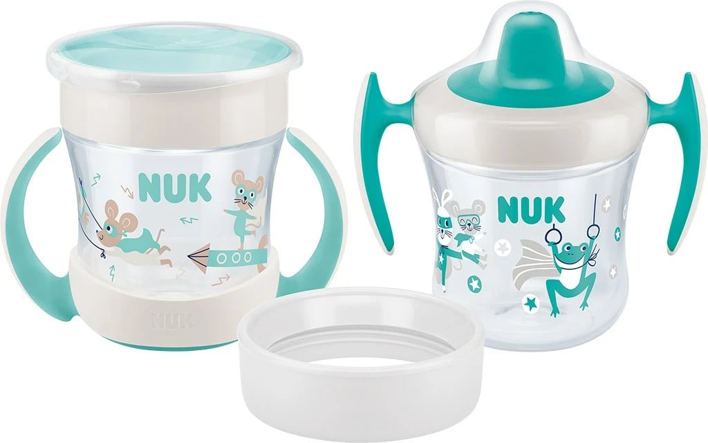gotë bebe NUK Mini Cups 3‑në‑1 360° me kapak 160 ml, jeshile