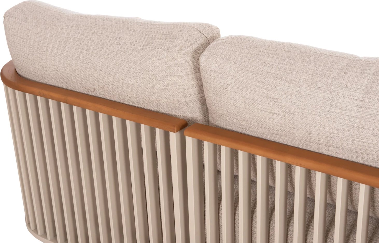 Set salloni për jashtë, 4 pjesë, kornizë alumini, ngjyrë krem, jastëkë bezhë, mbështetëse teak, tavolinë me sipërfaqe guri të sinterizuar, Candeo ETERNITY