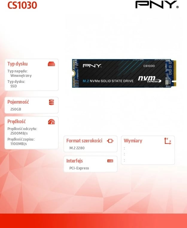 SSD PNY CS1030, 250GB, M.2 2280, NVMe, PCI-Express