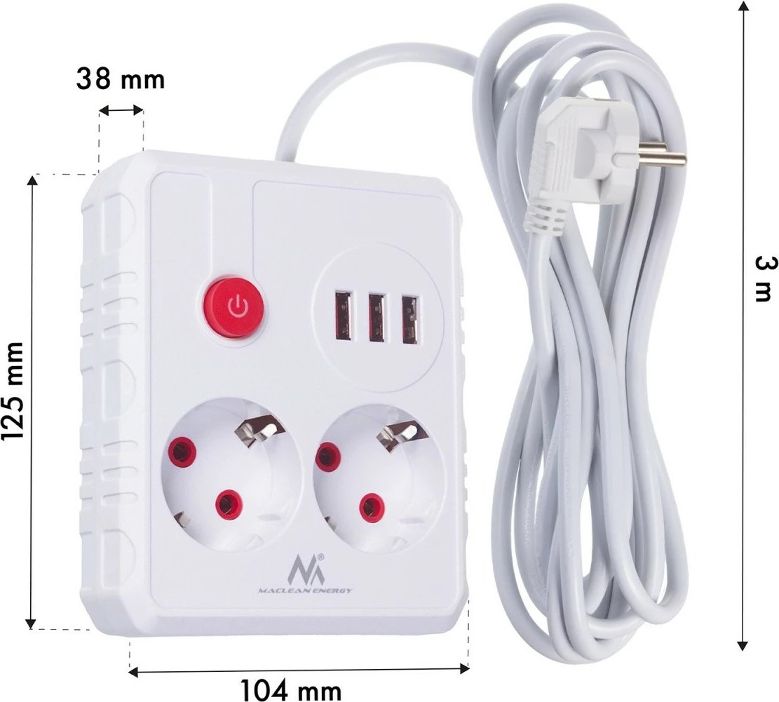 Zgjatues elektrik, Maclean MCE388 W, 2 priza Schuko, 3xUSB 2.1A, 2500W, 110-240V AC, kabllo 3m, i bardhë