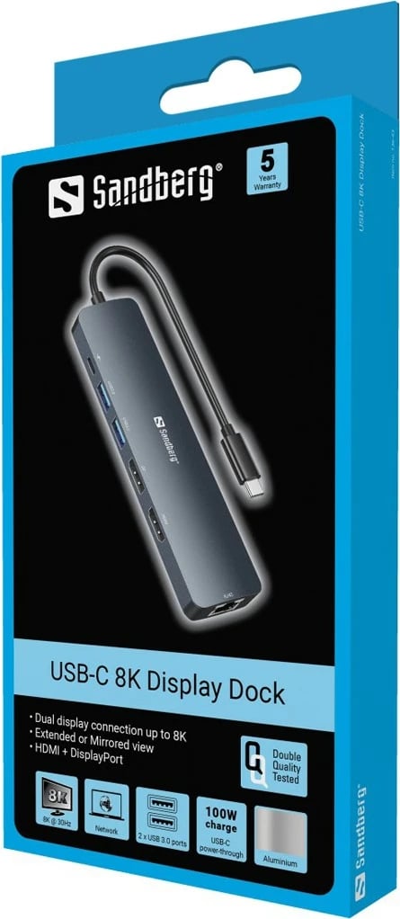 Dock USB-C Sandberg, 8K, 100 W, Gri