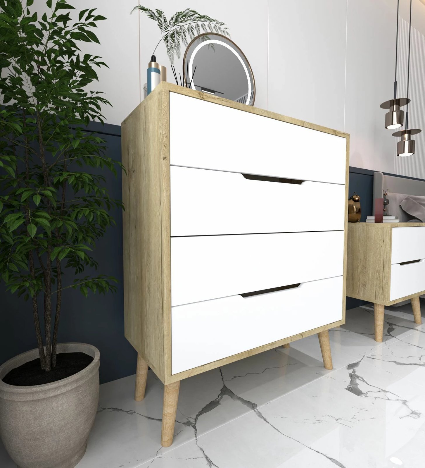 Komodë Skye Decor, ngjyrë lisi Sapphire, e bardhë